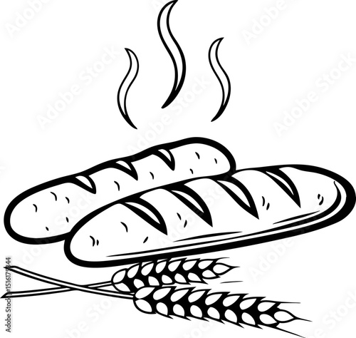 Freshly baked bread loaves and wheat ears black and white illustration of baguettes and grain elements