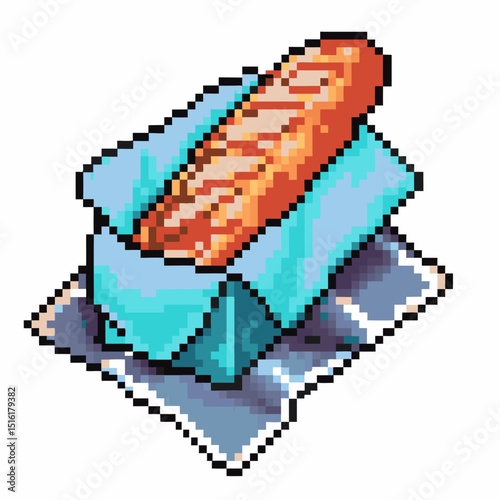 Pixel art loaf of bread in blue cloth, retro gaming