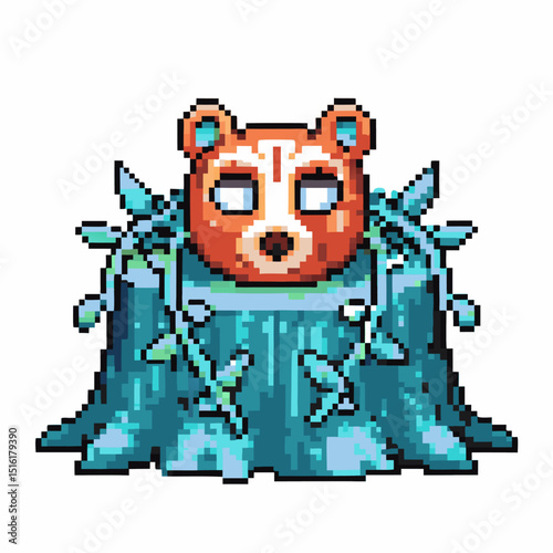 Pixel art, bear face on tree stump with leaves, retro video game