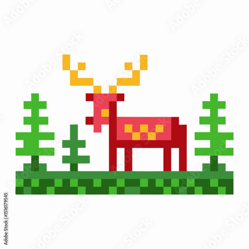 pixel art deer in retro forest landscape colorful digital illustration with trees, antlers, and grass