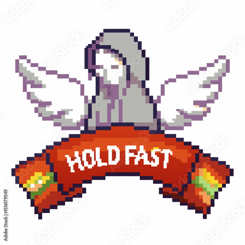 Pixel art hooded figure with wings and 'hold fast' banner in retro