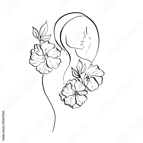 Vector Elegant female face with delicate peony, tulip, begonia, aster, eustoma, rosehip with leaves. Hand painted linear contour flower. Graphic clipart isolated. Botanical, tattoo and wedding