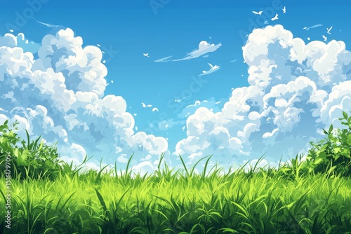 Vibrant Green Grass Field Sunny Sky Fluffy Clouds Peaceful Nature Landscape Illustration Digital Art Painting Background