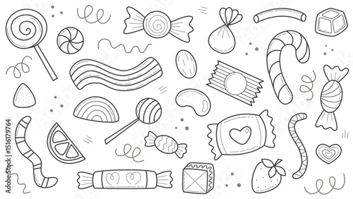 Set of candies and sweets doodle sketch style set. Hand drawn black outline images of lollipops, chocolates, truffle, pastille, candy cane, marmalade and bars. Clip art, vector elements