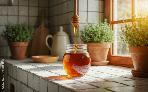 Sunlight streams through a window onto a kitchen counter adorned with potted herbs and a jar of honey, from which a honey dipper drizzles golden liquid