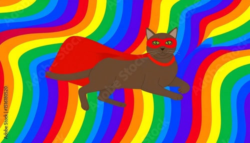 Superhero Cat Rainbow Background.