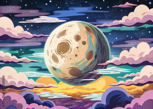 Amazing Night starry sky with full moon and cloud. Vector background with cloudy sky, moonlight illustration