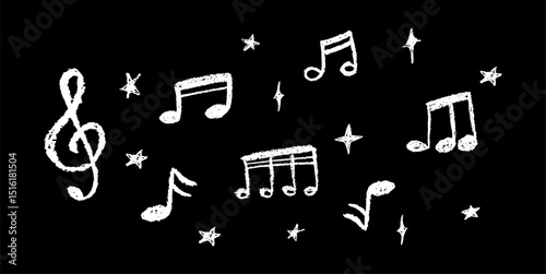 Vector illustration of white music notes and stars in charcoal scribble style. Cute childish music school pastel or wax pencil signs. Handwritten pop elements on black for kindergarten designs.