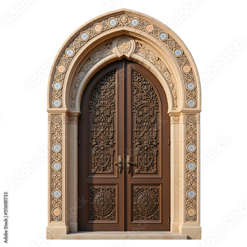 Arabic style arched door with mosaic tiles, intricate carvings, sand-colored wood, isolated on white background