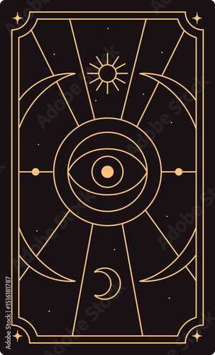 Tarot card back view. Black and gold background, framed poster design with esoteric eye, occult magic sun, crescent moon, sacred geometric symbols, abstract mystic pattern. Flat vector illustration