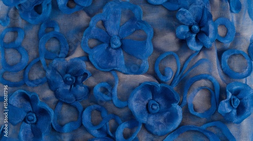 Blue Floral Embroidered Fabric Texture Background