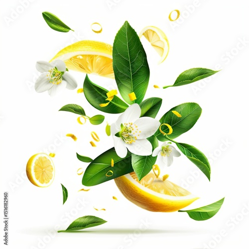 botanical elements, tea tree, lemon slices, bubbles, soft white flower petals, floating in air, isolated on white background