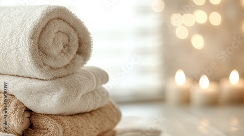 Luxuriously soft towels are elegantly stacked, creating a warm and inviting atmosphere, perfect for a spa-like experience of relaxation and comfort in a serene indoor setting.