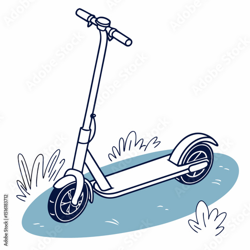 Electric scooter parked on green grass with bushes in background  