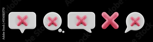 3D cartoon red cross notification icons. Speech bubbles with pink cross symbols. Vector set isolated on black background
