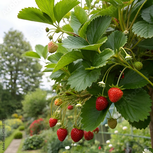 A lush strawberry tree with green leaves and bright red berries, blending ornamental beauty and edible fruit in one charming plant.