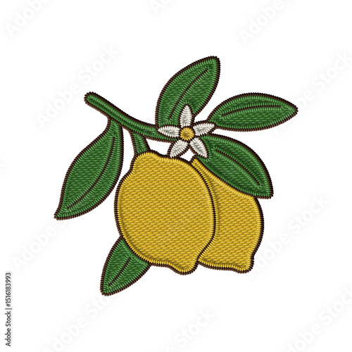 Vintage embroidery clipart of a vibrant lemon branch with lush green leaves, capturing the essence of Italian summers. Perfect for digital scrapbooking, stickers, and travel-themed designs