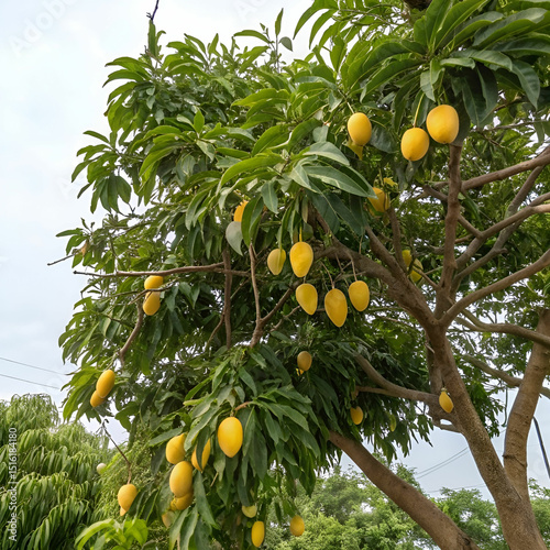 A ripe, golden mango hanging from a leafy tree branch, radiating tropical warmth, sweetness, and natural abundance under the sun.