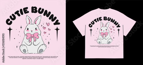 Cute bunny print with pink bow in coquette style. Kids' t-shirt design with a sweet character. Vector isolated on pink background