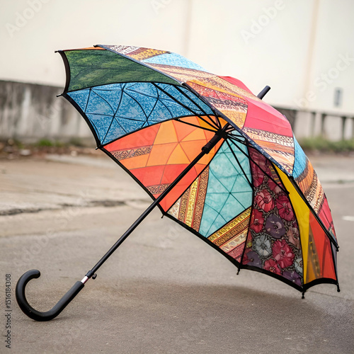 A bright, multicolored umbrella with vivid panels, offering cheerful protection from rain or sun, and adding joy to any day.
