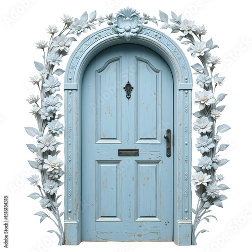Cottage door surrounded by carved flowers, pastel blue paint, vintage handle, isolated on white background