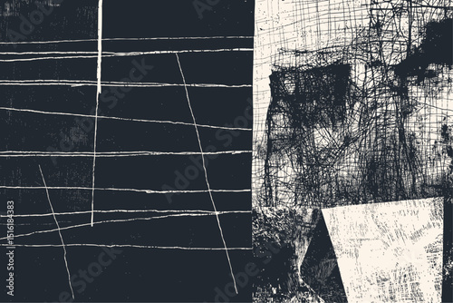 Monochrome abstract vector. Diptych style with fine grid lines on dark panel, contrasting textured grunge patterns & geometric shapes. Artistic background.