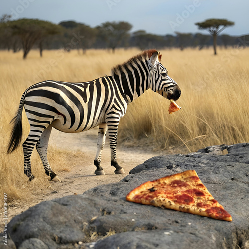 A playful zebra munching on a slice of pizza, blending wild nature with a fun, unexpected twist of tasty, cheesy delight.