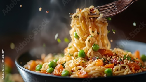 A close-up view of steaming noodles twirled on a fork, surrounded by vibrant vegetables, capturing the essence of a tasty, satisfying meal prepared with care.