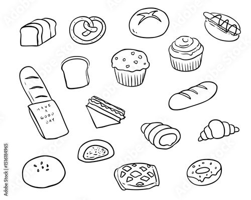 베이커리 디저트 빵 색연필 핸드드로잉 라인드로잉 아이콘(bakery dessert bread pencil hand line drawing icon set)