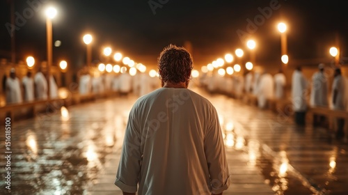 A silent figure standing in the foreground, wearing a flowing cloak against a backdrop of softly lit lanterns, creates an enchanting, mysterious atmosphere full of contemplation.