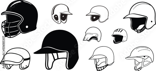 Baseball helmet line art vector illustration, Baseball helmet icon set.