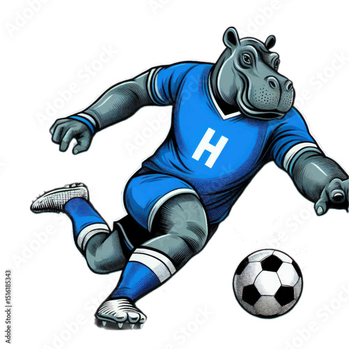 Soccer hippopotamus  football player kicks the ball during a fun game, an athlete in action, vector cartoon illustration of a sports competition