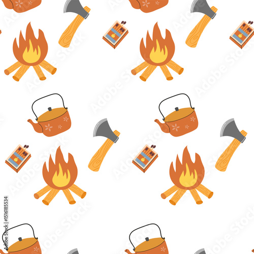 Campfire cooking essentials with kettle, axe, and matches showcased in a vibrant pattern for outdoor enthusiasts and nature lovers. Seamless pattern in flat style. Vector illustration.