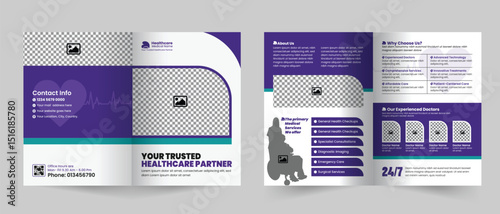 Medical healthcare service bifold brochure design or hospital clinic promotion brochure template, Multipurpose template with cover, back, and inside pages layout
