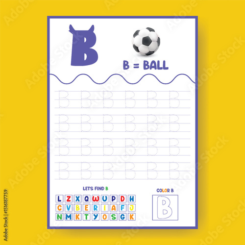 Alphabet learning and writing practice tracing worksheet template, ABC writing, tracing, coloring practice a4 print ready worksheet vector template for kids