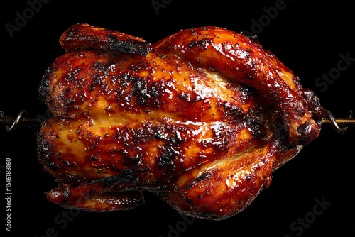 Rotisserie Chicken Day. Grilled whole chicken roasting on a spit with smoke rising, concept of barbecue and fire-cooked meal. photo