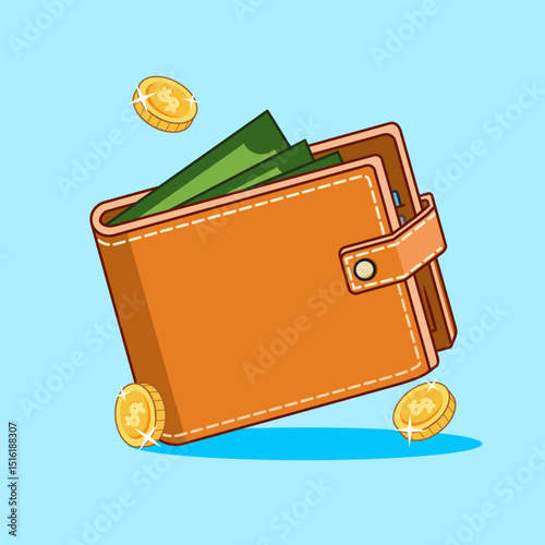Brown Wallet with some dollars vector Illustration Cartoon Design