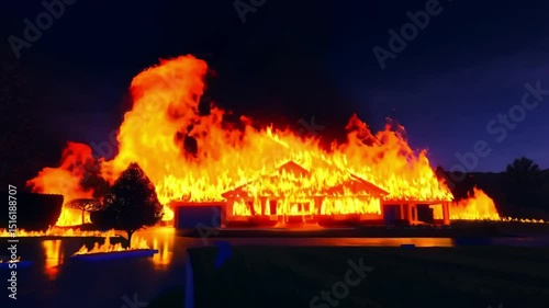 House engulfed in flames at night with trees and dark sky in the background scene view