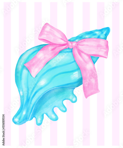 Coquette Summer Blue Conch SeaShell with Pink Ribbon Bow Watercolor