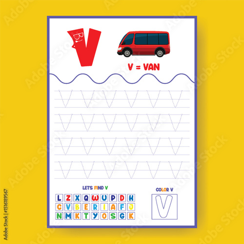 Alphabet learning and writing practice tracing worksheet template, ABC writing, tracing, coloring practice a4 print ready worksheet vector template for kids