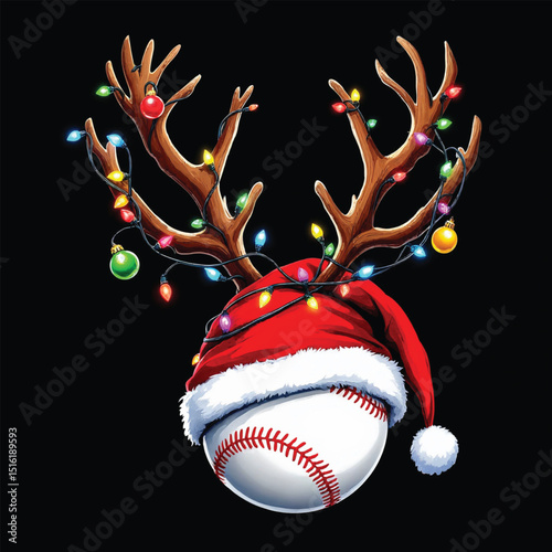 Baseball with santa hat, reindeer antlers, and christmas lights isolated