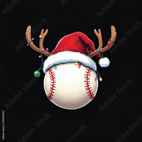 Baseball with santa hat, reindeer antlers, and christmas lights isolated
