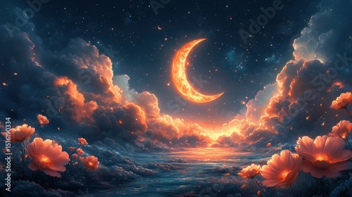 A fantastical night sky with a glowing crescent moon, surrounded by vibrant, fiery clouds reflecting on a shimmering sea, adorned with luminous flowers.