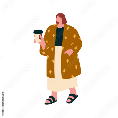Woman walking with takeaway coffee mug. Young female holding paper cup. Modern urban style girl going, strolling outdoors with take-away drink. Flat vector illustration isolated on white background