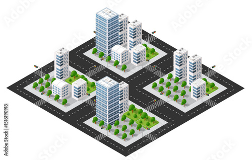 Modern isometric city with skyscrapers, roads, and green parks
