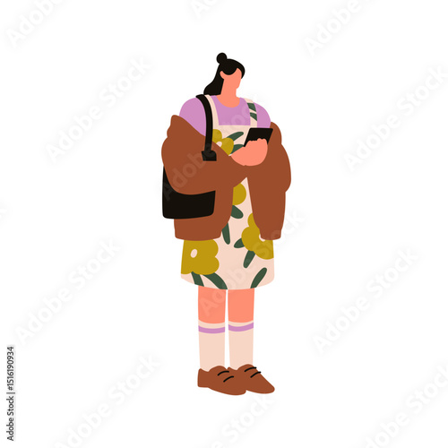 Woman using mobile phone. Young female standing outdoors, holding smartphone ...