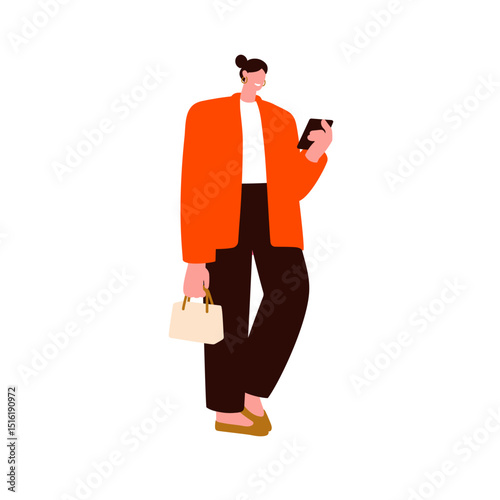 Business woman with mobile phone in hand. Female standing outdoors, holding smartphone. Girl texting online, searching internet with cellphone. Flat vector illustration isolated on white background