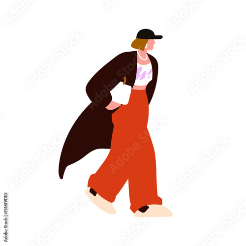 Modern style woman walking outdoors. Stylish young female in trendy apparel, casual outfit, baseball cap and bag purse in hand. Urban fashion. Flat vector illustration isolated on white background