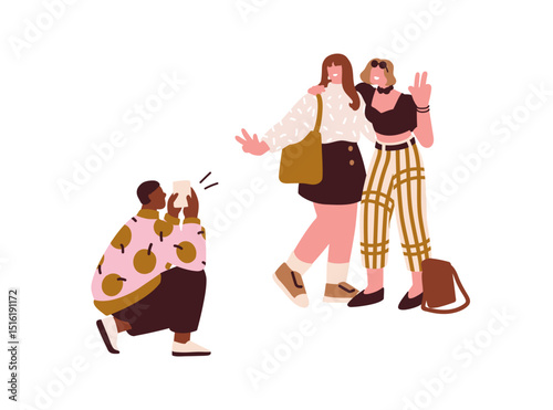 Women friends posing, man taking photo on mobile phone camera. Capturing picture on smartphone for female couple standing outdoors, smiling. Flat vector illustration isolated on white background