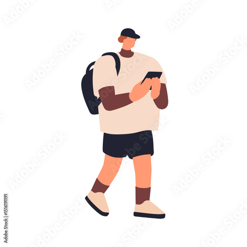 Man walking with mobile phone in hands. Young male holding smartphone, going outdoors with backpack. Guy texting online in internet, urban style. Flat vector illustration isolated on white background